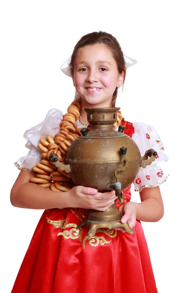 Gadis Rusia dengan Samovar — Stok Foto