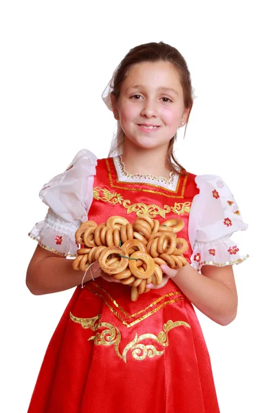 Flicka klädd i traditionell rysk dräkt — Stockfoto