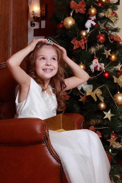 Krásná princezna poblíž stromu kožešin — Stock fotografie