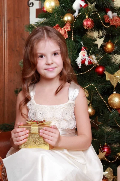 Kleines Mädchen mit Weihnachtsgeschenk — Stockfoto