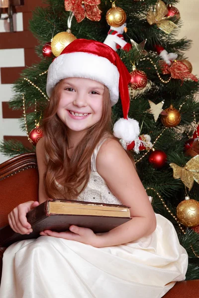 Girl reading book around Christmas Stock Image