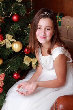 küçük kız Noel ağacı üzerinde