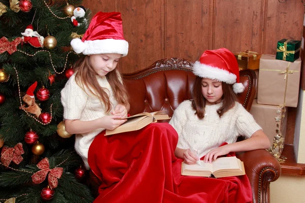 Ragazze che indossano cappelli di Babbo Natale in possesso di libri — Foto Stock