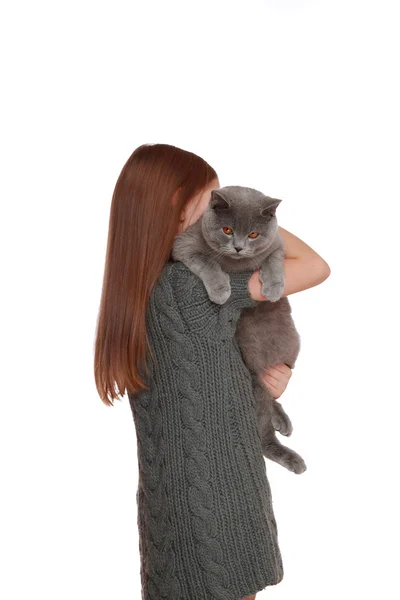 Klein meisje gespeeld met een Britse kat — Stockfoto