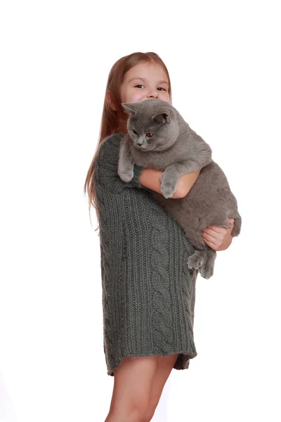 Liten flicka med hennes nya katt — Stockfoto
