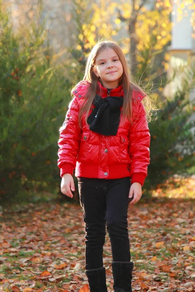 Akçaağaç yaprakları ile küçük kız — Stok fotoğraf