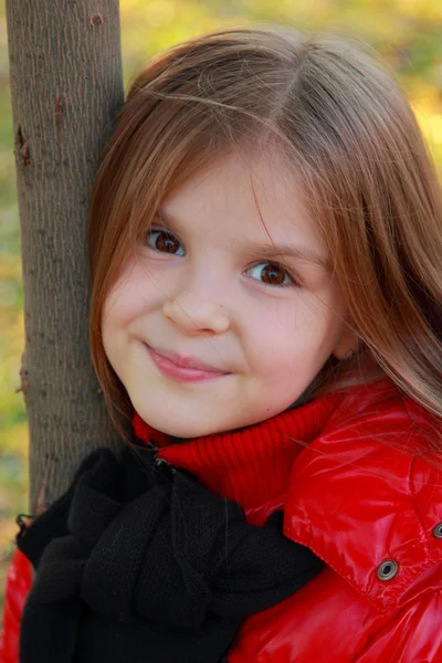 Fille sur le fond de feuilles tombées — Photo