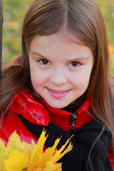 Fille sur le fond de feuilles tombées — Photo