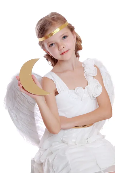 Engel meisje met grote gouden maan — Stockfoto