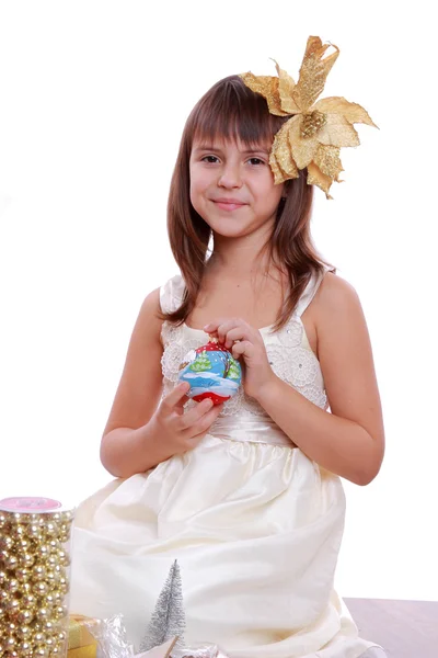 Girl with Christmas tree and gifts — Stock Photo, Image