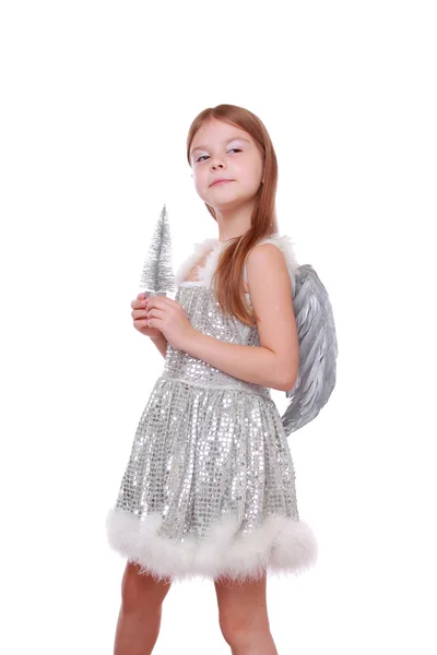 Little angel with christmas tree — Stock Photo, Image