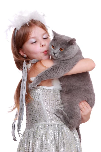 Angel playing with British cat — Stock Photo, Image