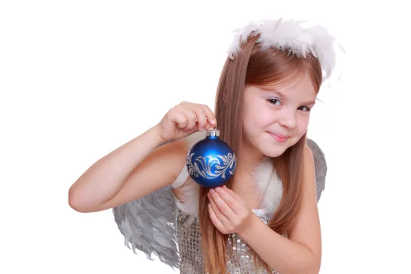 Anjo com bola decorativa azul — Fotografia de Stock