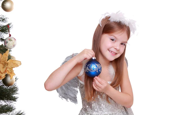 Anjo com bola decorativa azul — Fotografia de Stock