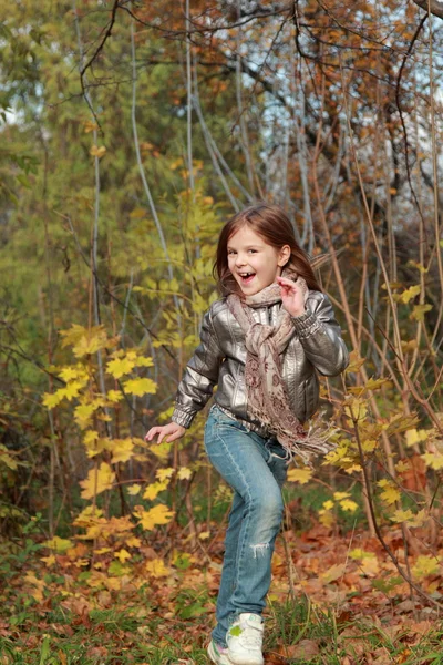Kid die in herfst bos loopt — Stockfoto