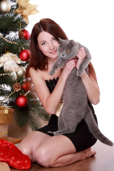 Mujer con gato sobre árbol de Navidad — Foto de Stock