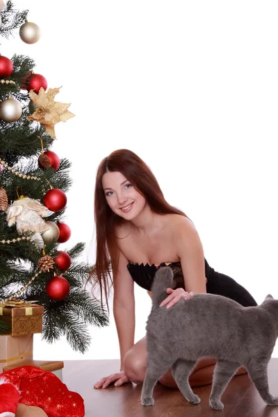 Mujer con gato sobre árbol de Navidad — Foto de Stock