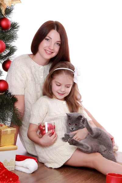 Mor och dotter katt över julgran — Stockfoto