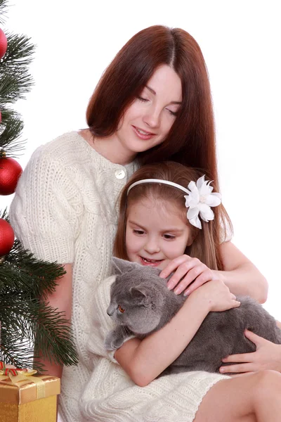 母亲和女儿在圣诞树上的猫 — 图库照片