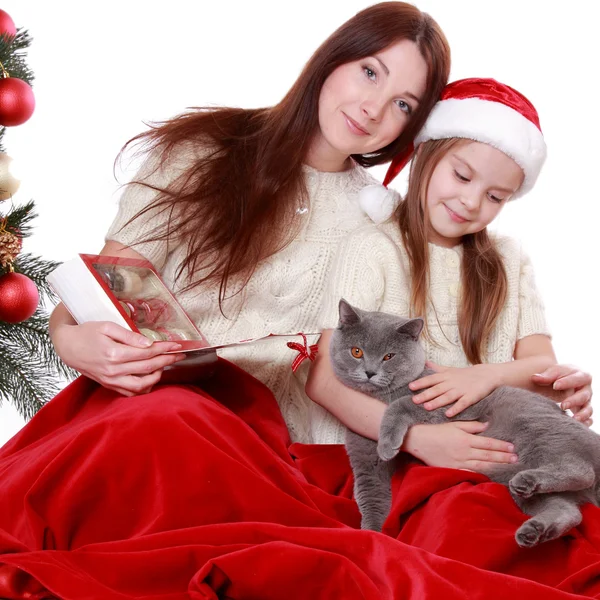 Mother and daughter holding cat over Christmas tree