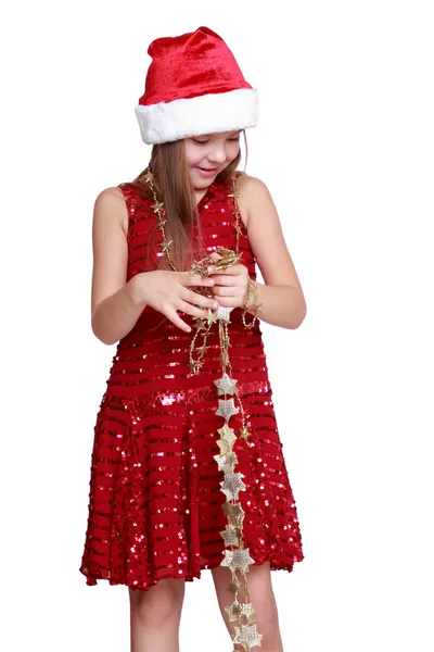 Bambina con stelle d'oro di Natale — Foto Stock