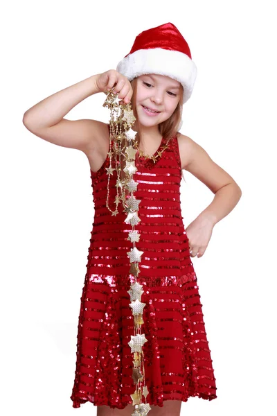 Bambina con stelle d'oro di Natale — Foto Stock