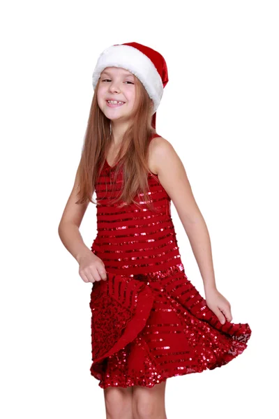 Girl dancing in red dress — Stock Photo, Image