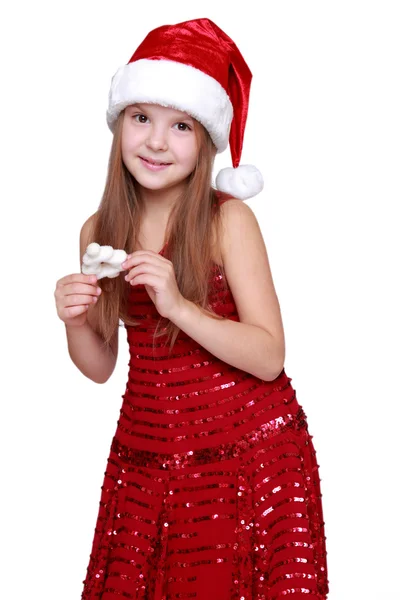Girl dressed in a red dress and red santa hat Stock Photo