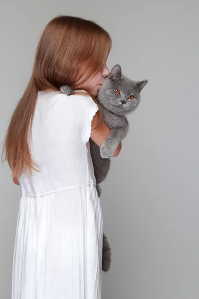 Flickan som lekte med en brittiska katt — Stockfoto