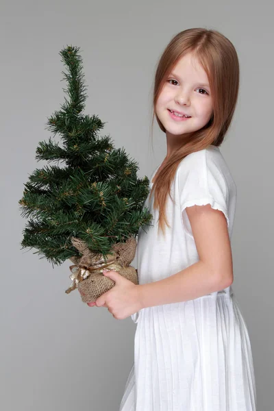 Little girl with a Christmas tree — Stock Photo, Image