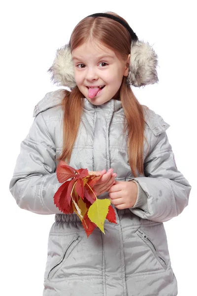 Girl holding lot of colorful autumn leaves — Stock Photo, Image