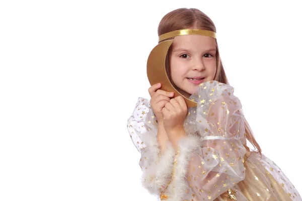 Girl holding a golden moon — Stock Photo, Image