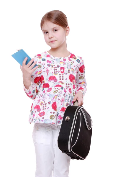 Chica con bolsa y billete en la mano —  Fotos de Stock