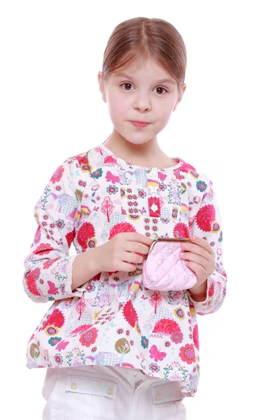 Girl with pink wallet — Stock Photo, Image