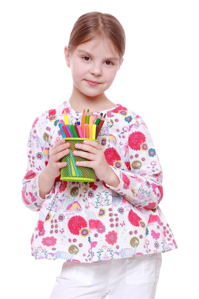 Girl with colored pencils — Stock Photo, Image