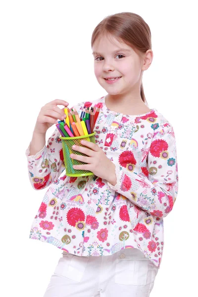 Renkli kalemler ile kız — Stok fotoğraf