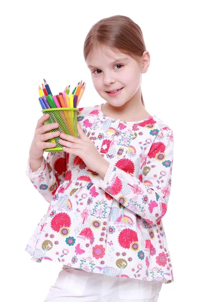 Дівчина з кольоровими олівцями — стокове фото