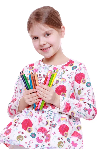 Jenta med fargede blyanter – stockfoto