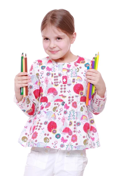 Girl with colored pencils — Stock Photo, Image