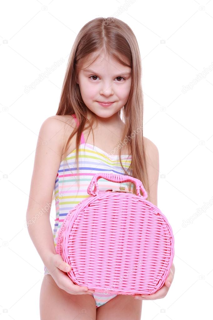 Chica en traje de baño con cesta — Foto de stock © Mari1Photo #40256421