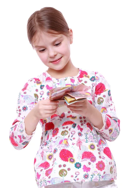 Dívka s papírové peníze — Stock fotografie