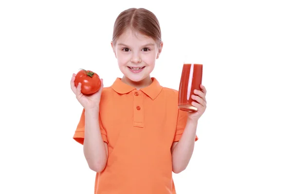 Girl holding tomato juice — Stock Photo, Image