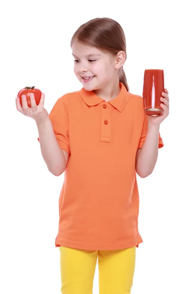 Girl holding tomato juice — Stock Photo, Image