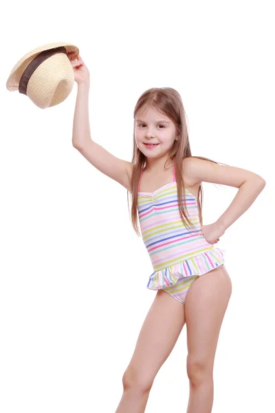 Girl in a swimsuit and a straw hat — Stock Photo, Image