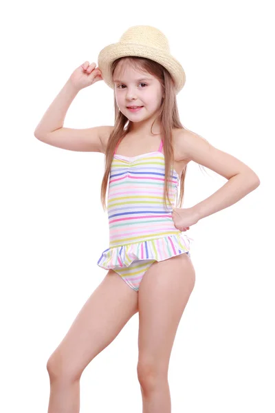 Chica en traje de baño y sombrero de paja — Foto de Stock