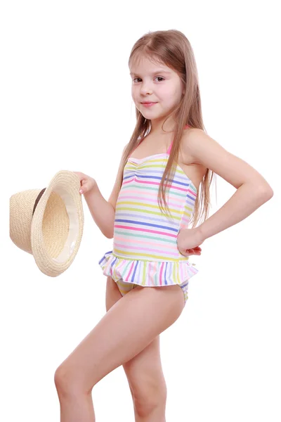 Ragazza in costume da bagno e cappello di paglia — Foto Stock