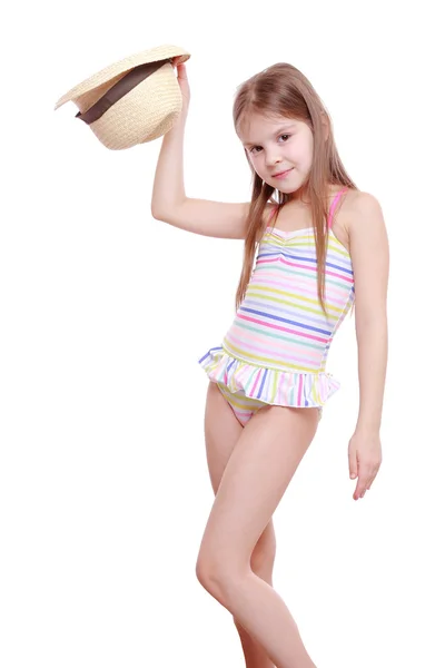 Girl in a swimsuit and a straw hat — Stock Photo, Image