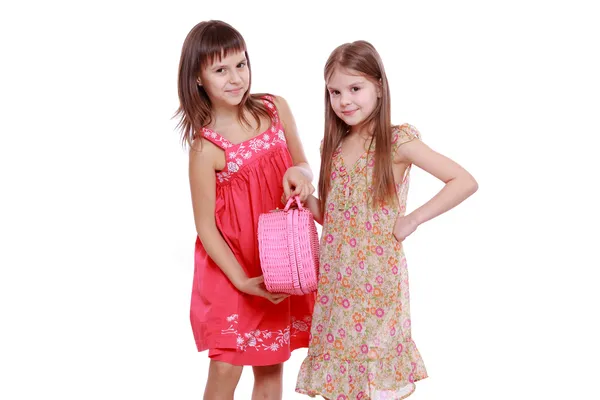 Meninas com cesta de piquenique rosa — Fotografia de Stock