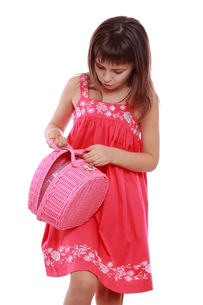 Modelo segurando cesta de piquenique rosa — Fotografia de Stock