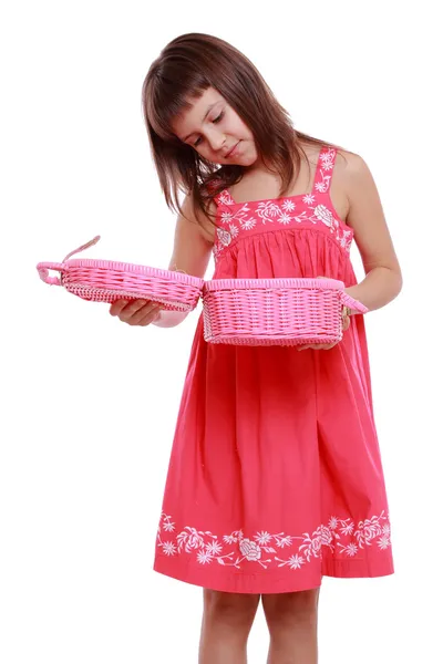 Model holding pink picnic basket — Stock Photo, Image